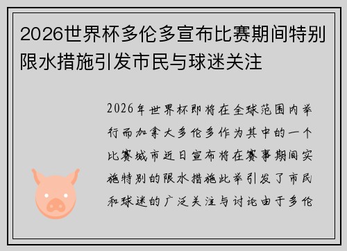 2026世界杯多伦多宣布比赛期间特别限水措施引发市民与球迷关注 2026世界杯多伦多宣布比赛期间特别限水措施引发市民与球迷关注